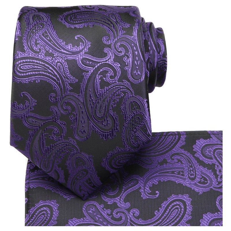 KissTies Royal Purple Extra Long Tie 63'' XL Paisley Necktie And Pocket Square + Gift Box - Image 1